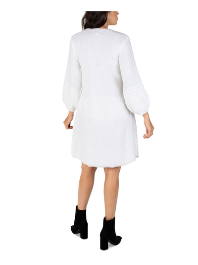 ROBBIE BEE Womens White Knit Textured Ribbed Pullover Balloon Sleeve Round Neck Above The Knee Sweater Dress Petites PM