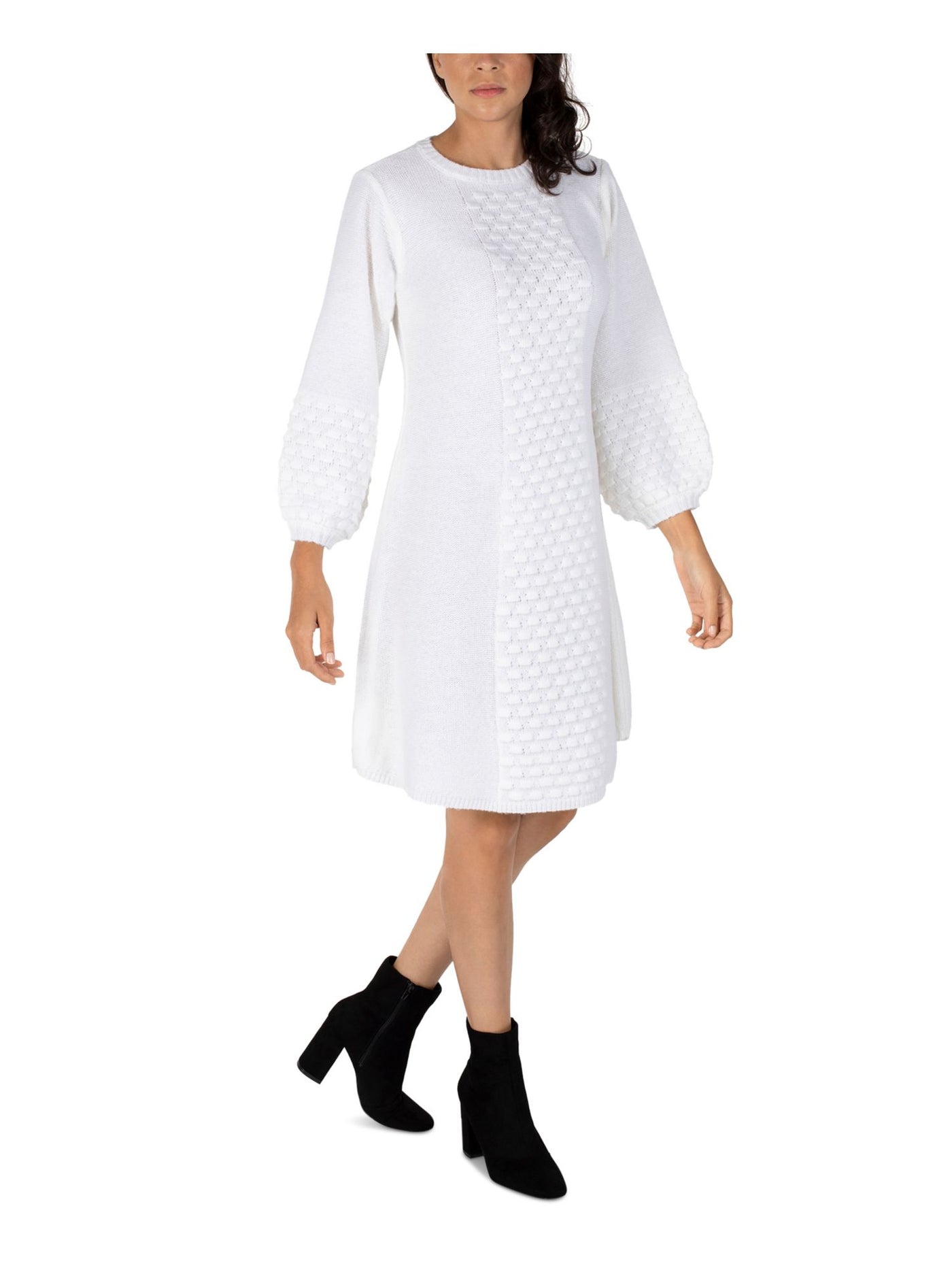 ROBBIE BEE Womens White Knit Textured Ribbed Pullover Balloon Sleeve Round Neck Above The Knee Sweater Dress Petites PM