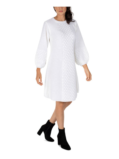 ROBBIE BEE Womens White Knit Textured Ribbed Pullover Balloon Sleeve Round Neck Above The Knee Sweater Dress Petites PS