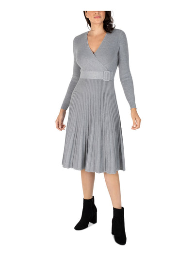 SIGNATURE BY ROBBIE BEE Womens Gray Stretch Pleated Ribbed Belted Partially Lined Pullover Long Sleeve Surplice Neckline Midi Wear To Work Fit + Flare Dress Petites PS