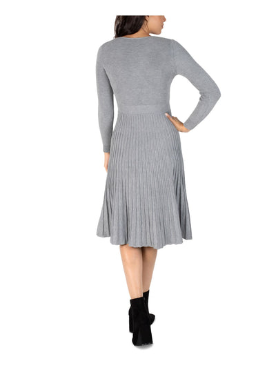 SIGNATURE BY ROBBIE BEE Womens Gray Stretch Pleated Ribbed Belted Partially Lined Pullover Long Sleeve Surplice Neckline Midi Wear To Work Fit + Flare Dress Petites PS