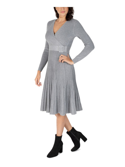 SIGNATURE BY ROBBIE BEE Womens Gray Stretch Pleated Ribbed Belted Partially Lined Pullover Long Sleeve Surplice Neckline Midi Wear To Work Fit + Flare Dress Petites PL