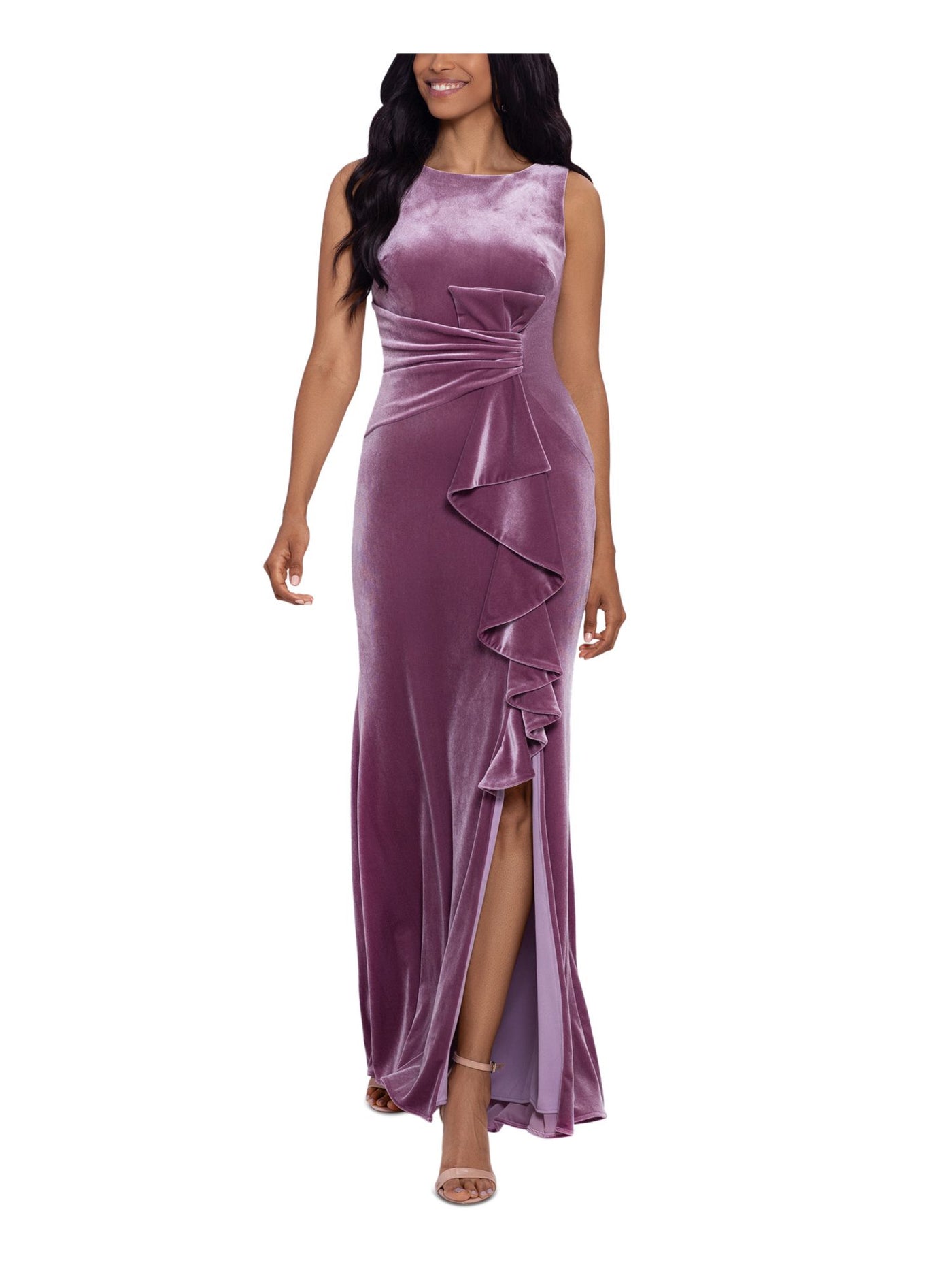 BETSY & ADAM Womens Stretch Zippered Ruched Slitted Cascade Ruffle Velvet Sleeveless V Neck Full-Length Formal Gown Dress