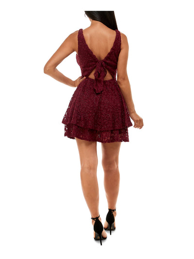 EMERALD SUNDAE Womens Maroon Glitter Embroidered Ruffled Pullover Style Sleeveless V Neck Short Party Fit + Flare Dress Juniors XL