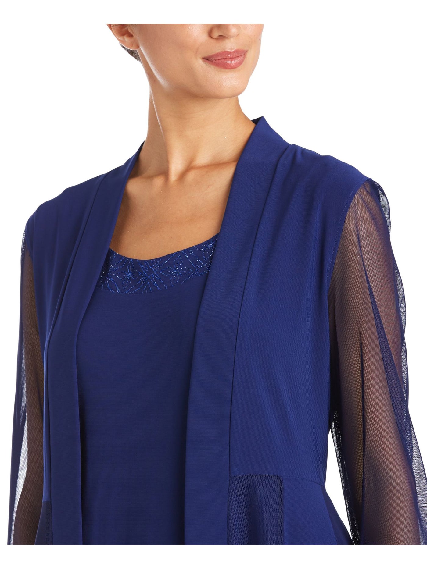 R&M RICHARDS Womens Navy Glitter Sheer Cardigan 3/4 Sleeve Open Front Wear To Work Top Petites PS