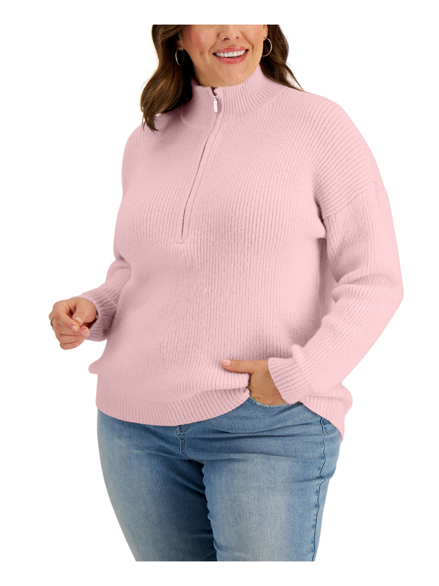 STYLE & COMPANY Womens Pink Ribbed Half Zip Long Sleeve Mock Neck Wear To Work Sweater Plus 3X