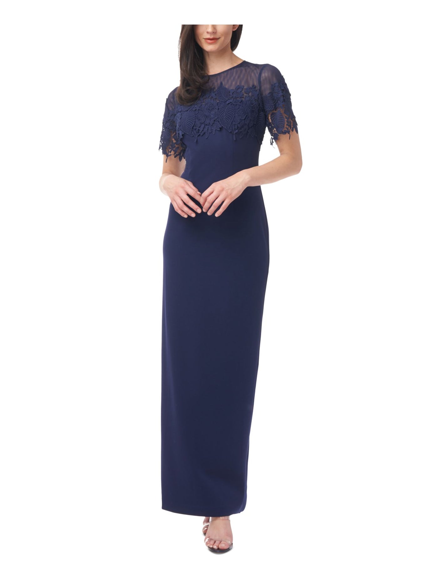 JS COLLECTIONS Womens Navy Stretch Zippered Embroidered Illusion Yoke Gown Short Sleeve Crew Neck Maxi Evening Gown Dress 2