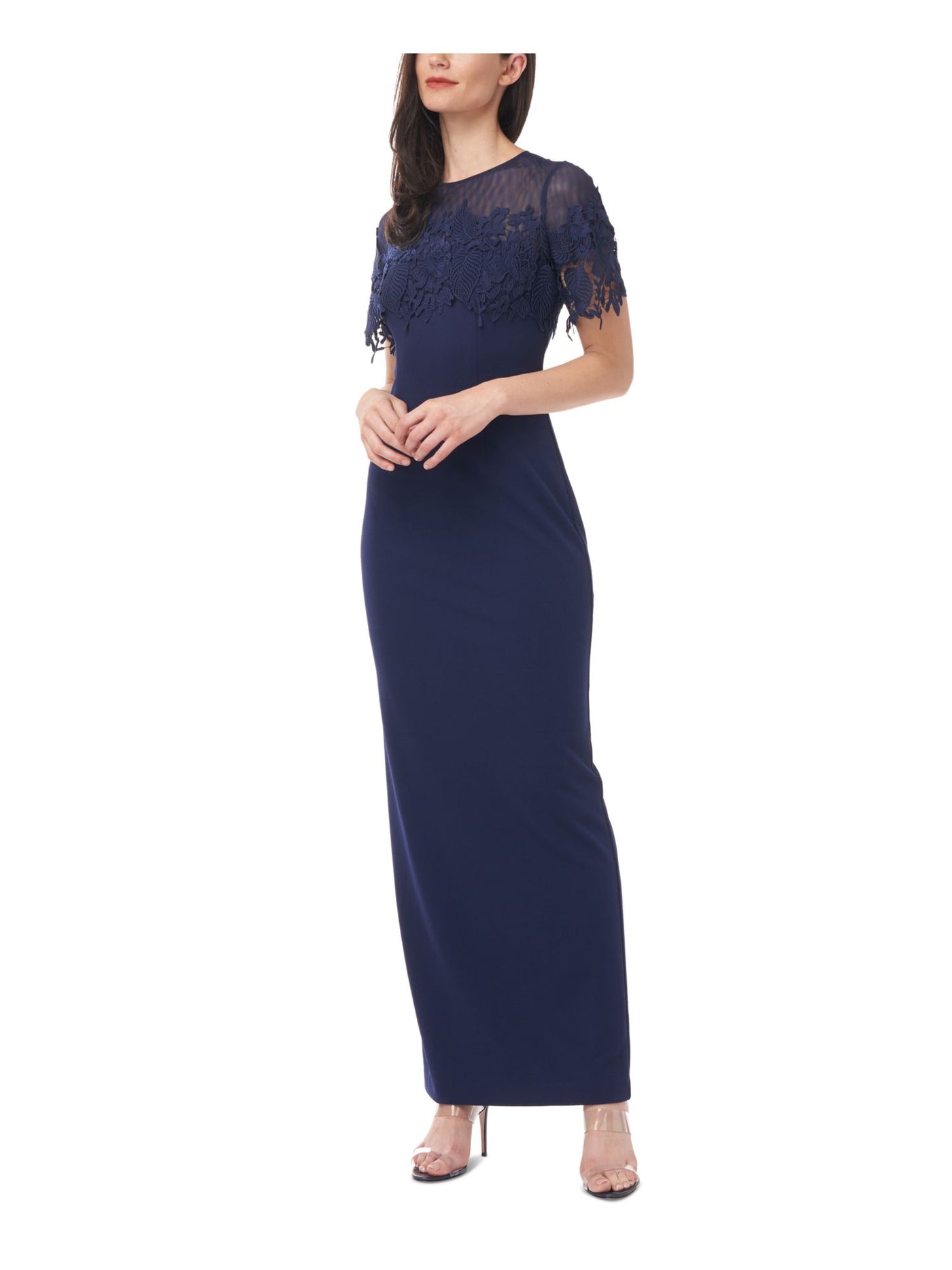 JS COLLECTIONS Womens Navy Stretch Zippered Embroidered Illusion Yoke Gown Short Sleeve Crew Neck Maxi Evening Gown Dress 2