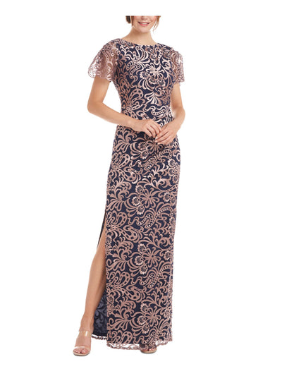 JS COLLECTION Womens Navy Pleated Zippered Flutter Sleeve Jewel Neck Full-Length Evening Gown Dress 2