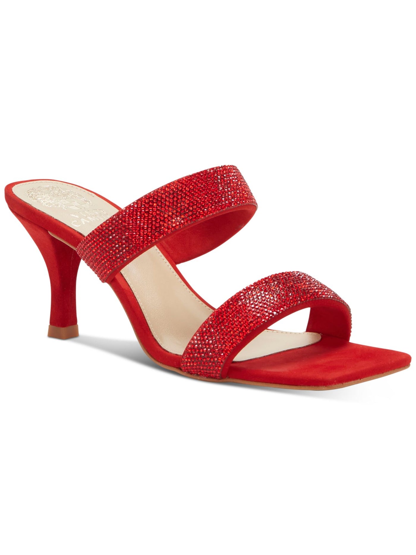 VINCE CAMUTO Womens Red Embellished Cushioned Aslee Square Toe Sculpted Heel Slip On Leather Dress Heeled Sandal 5.5 M