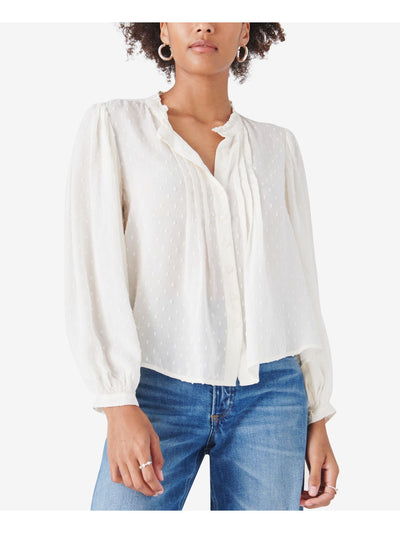 LUCKY BRAND Womens Ivory Ruffled Sheer Pintucked Cuffed Sleeve Round Neck Wear To Work Button Up Top L
