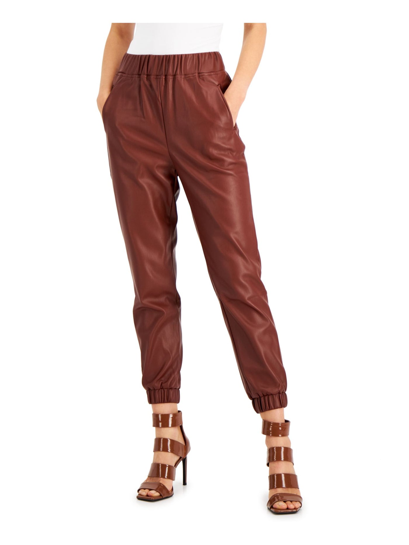 INC Womens Brown Faux Leather Pocketed Elasticized Waistband And Cuffs Wear To Work High Waist Pants XXL