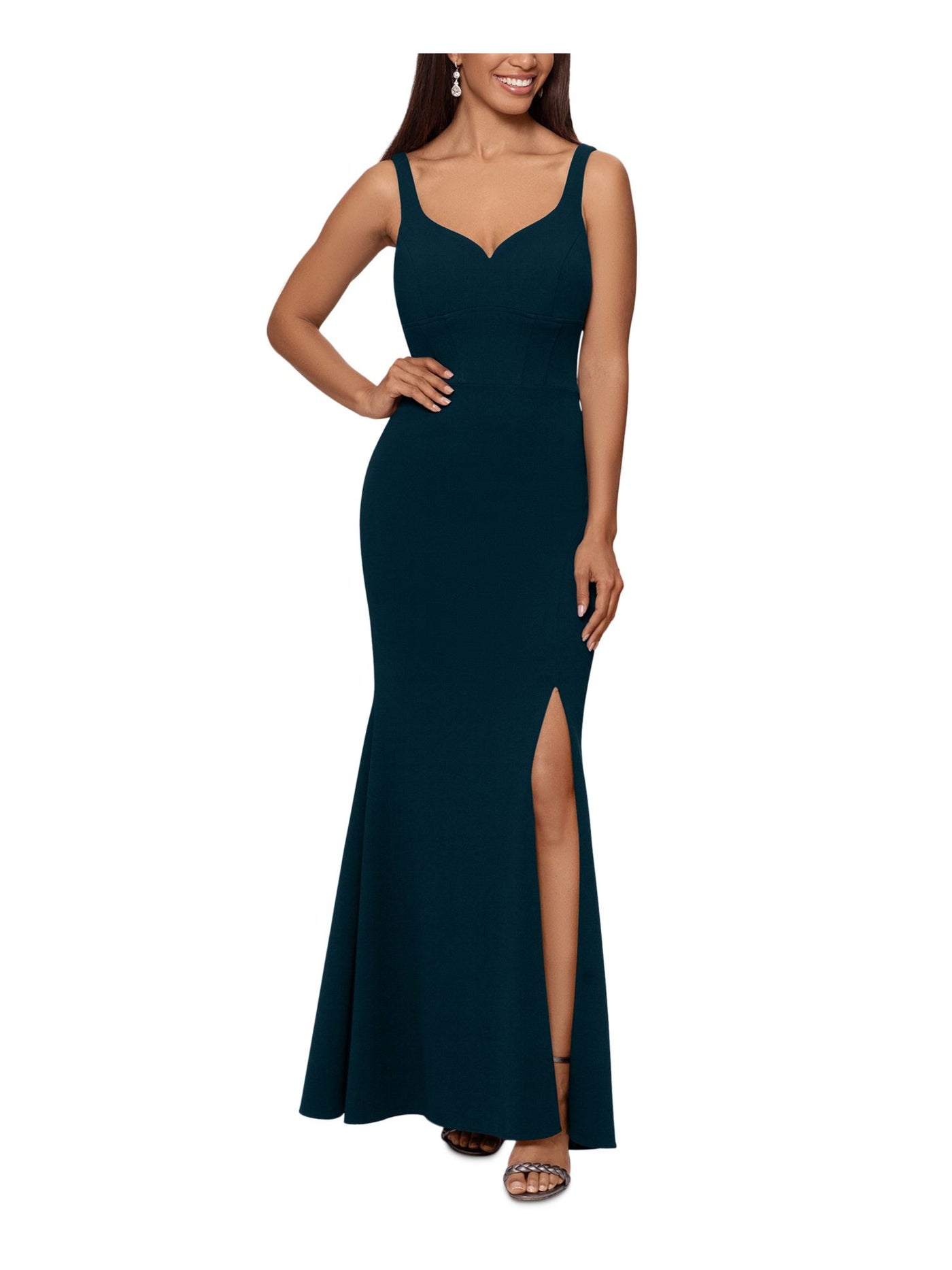 XSCAPE Womens Teal Stretch Zippered Slitted Lined Adjustable Straps Sleeveless Sweetheart Neckline Full-Length Formal Gown Dress 12