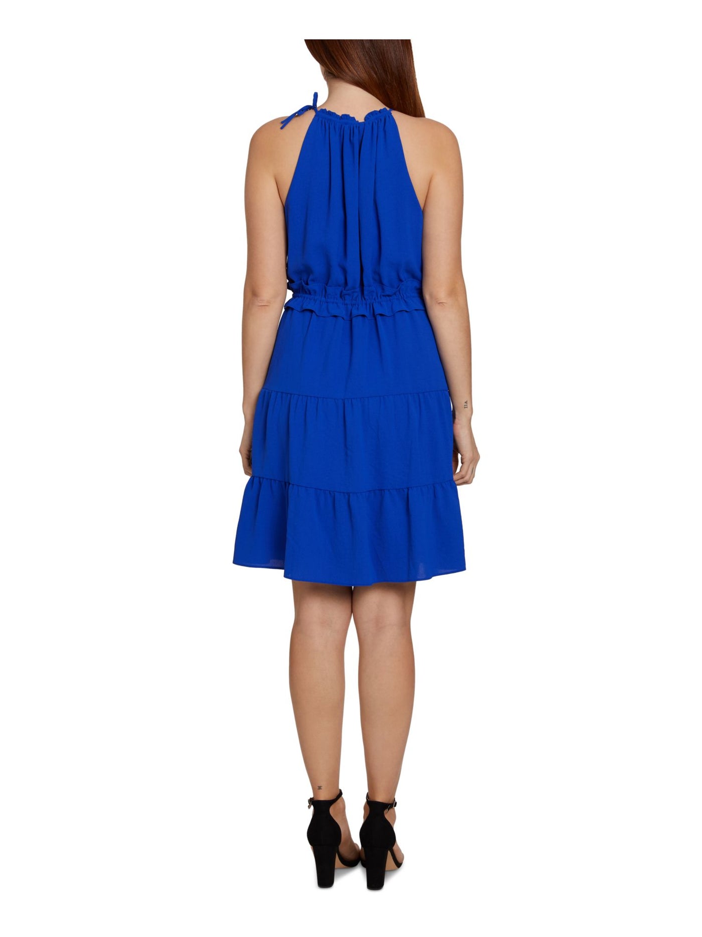 SAGE COLLECTIVE Womens Blue Ruffled Drawstrings Tiered Hem Lined Sleeveless Halter Above The Knee Fit + Flare Dress 8P