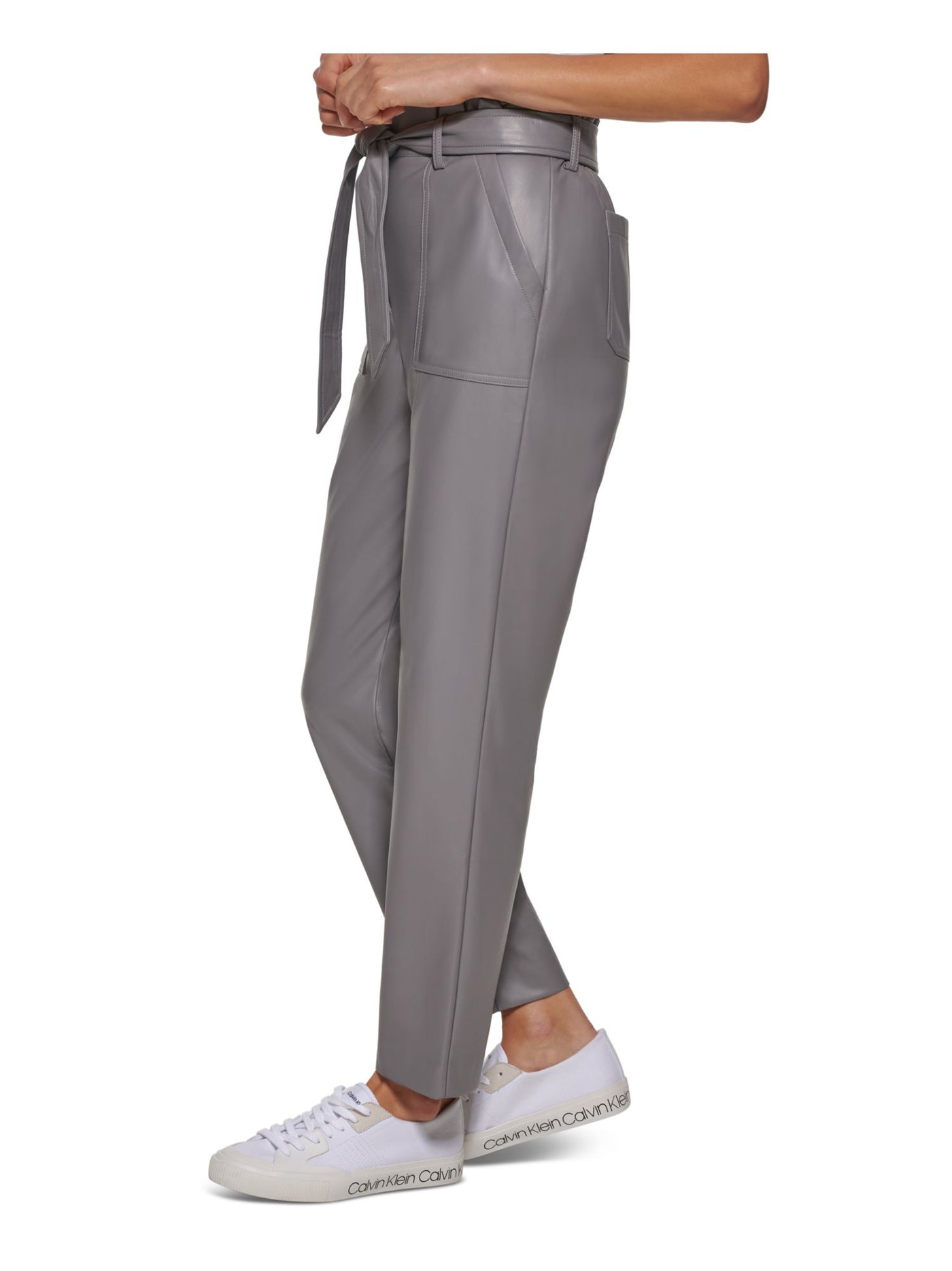 CALVIN KLEIN Womens Gray Faux Leather Zippered Pocketed Betled Pants XL