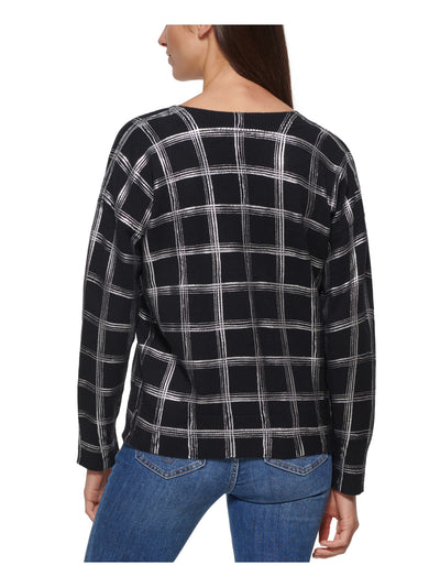 CALVIN KLEIN Womens Black Metallic Rib-knit Trim Plaid Long Sleeve V Neck Wear To Work Sweater XL