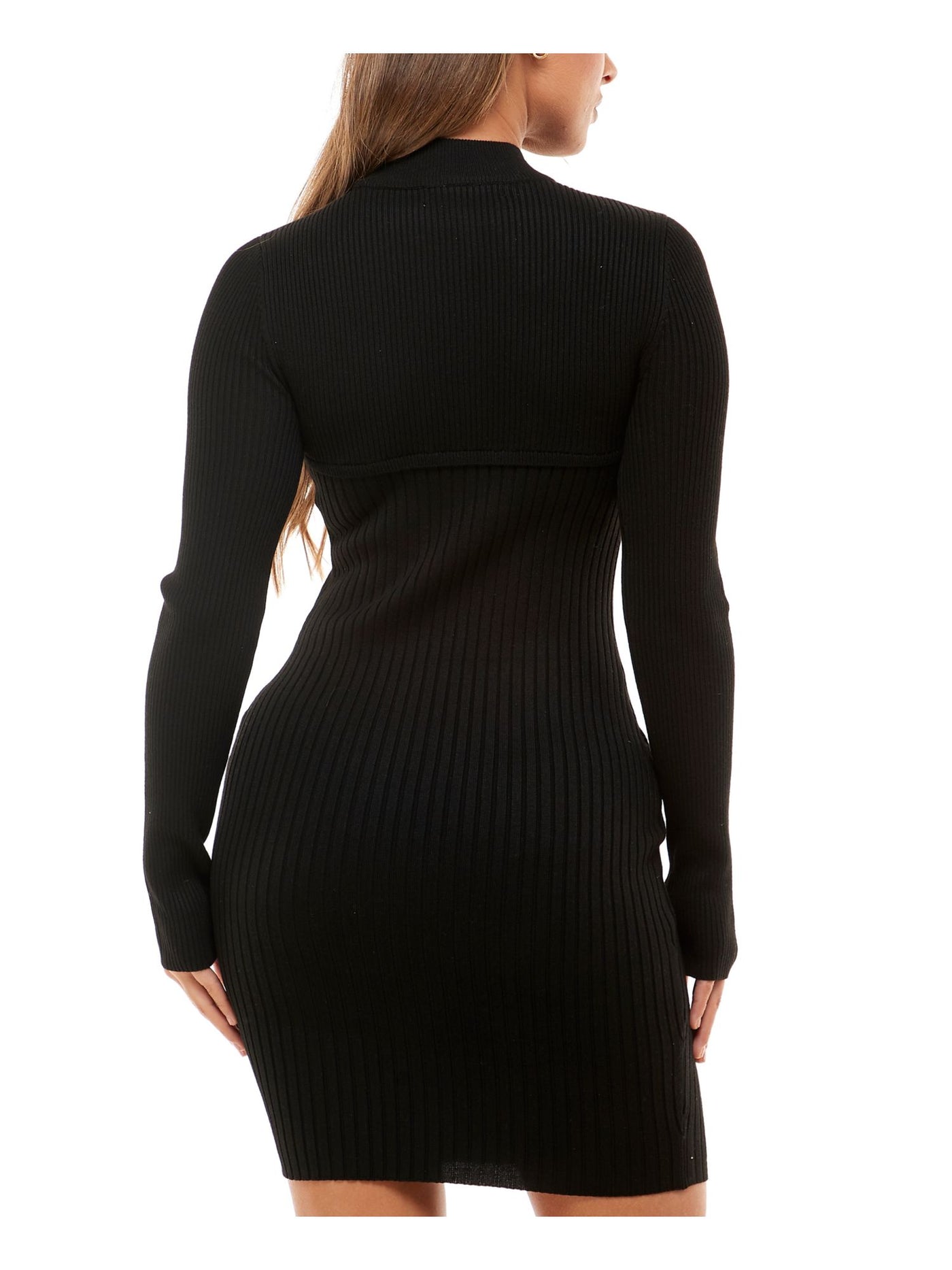 PLANET GOLD Womens Black Knit Ribbed Cut Out Grommet Lace Up Detail Long Sleeve Mock Neck Short Party Body Con Dress Juniors XS