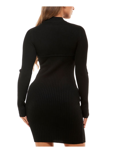 PLANET GOLD Womens Black Knit Ribbed Cut Out Grommet Lace Up Detail Long Sleeve Mock Neck Short Party Body Con Dress XS