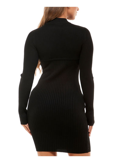 PLANET GOLD Womens Black Knit Ribbed Cut Out Grommet Lace Up Detail Long Sleeve Mock Neck Short Party Body Con Dress Juniors XXL