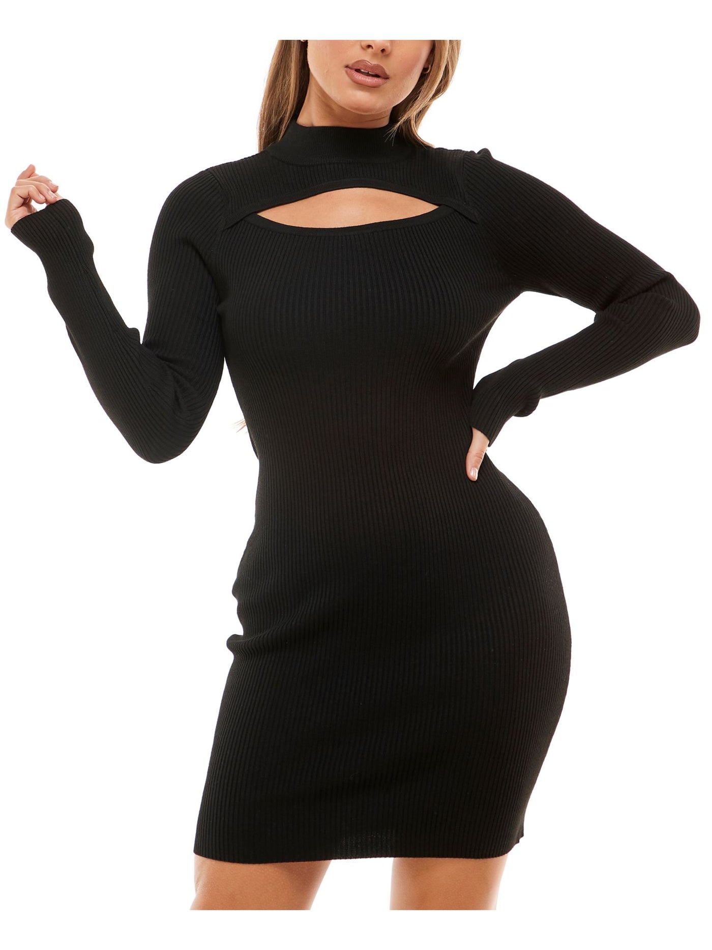PLANET GOLD Womens Black Ribbed Cut Out Long Sleeve Mock Neck Above The Knee Party Sweater Dress Juniors XXS