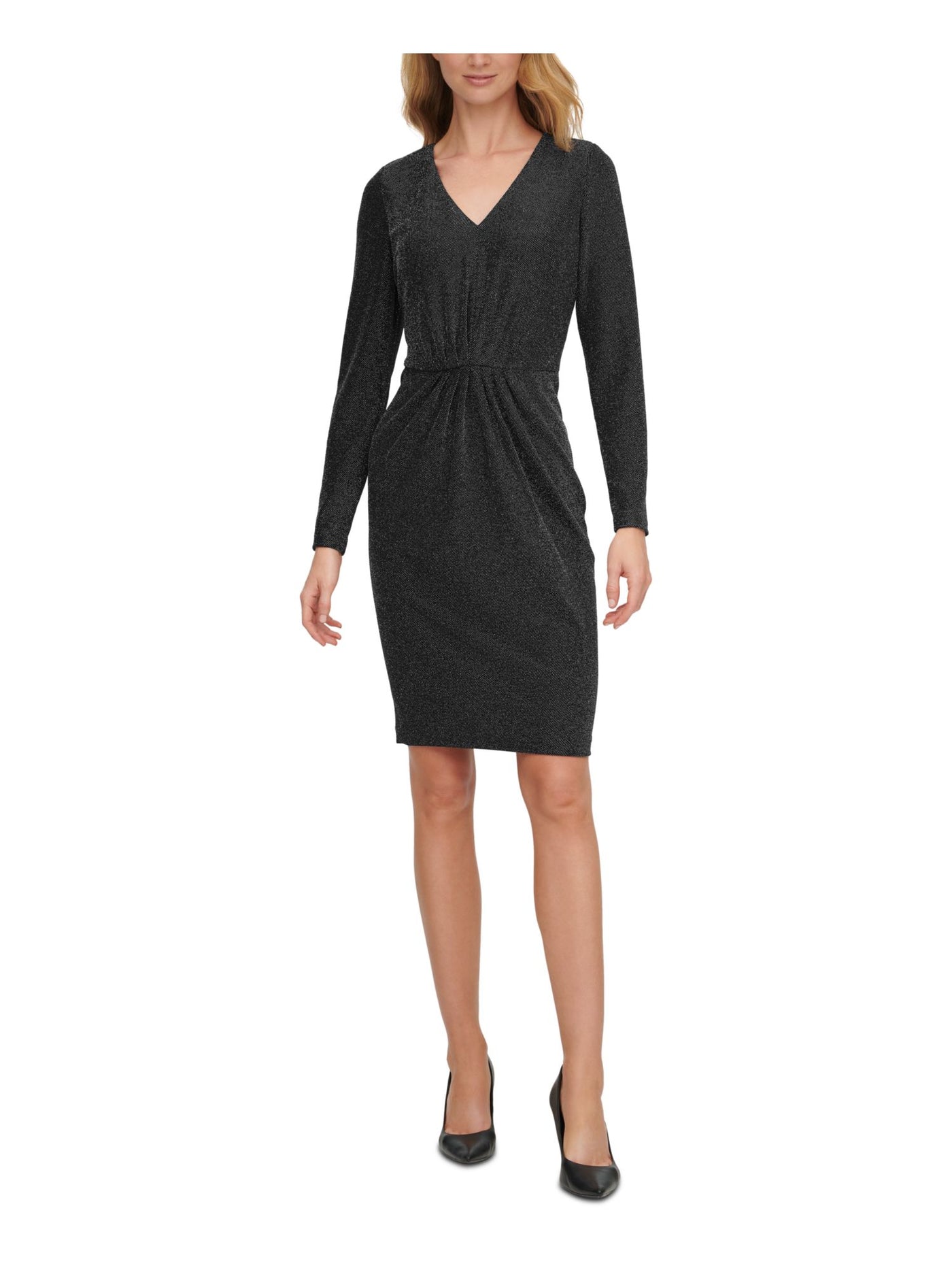 CALVIN KLEIN Womens Black Stretch Ruched Zippered Long Sleeve V Neck Above The Knee Party Sheath Dress 14