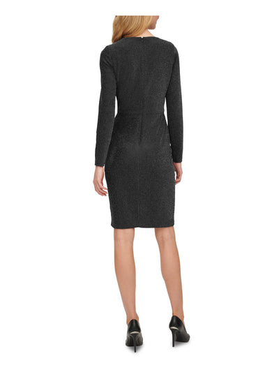 CALVIN KLEIN Womens Black Stretch Ruched Zippered Long Sleeve V Neck Above The Knee Party Sheath Dress 14