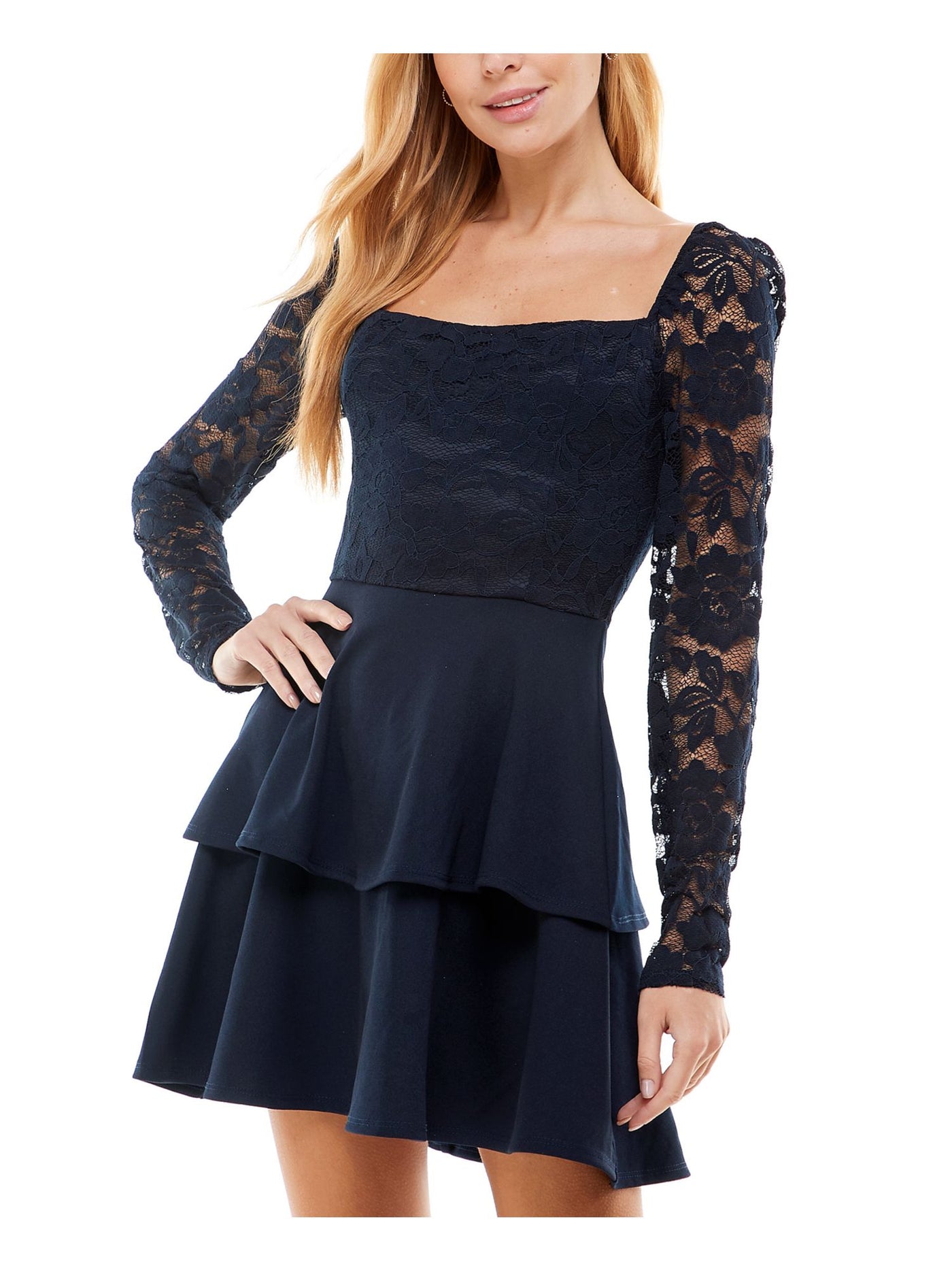 CITY STUDIO Womens Navy Lace Zippered Long Sleeve Square Neck Short Party Fit + Flare Dress 9