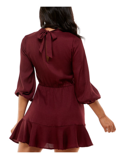 SPEECHLESS Womens Burgundy Textured Pleated Ruffled Hem 3/4 Sleeve Tie Neck Mini Party Fit + Flare Dress Juniors M