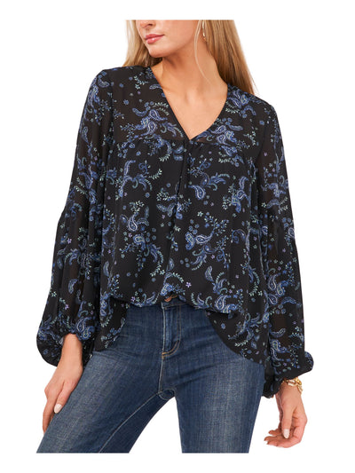 VINCE CAMUTO Womens Black Lined Sheer Paisley Balloon Sleeve V Neck Top XS