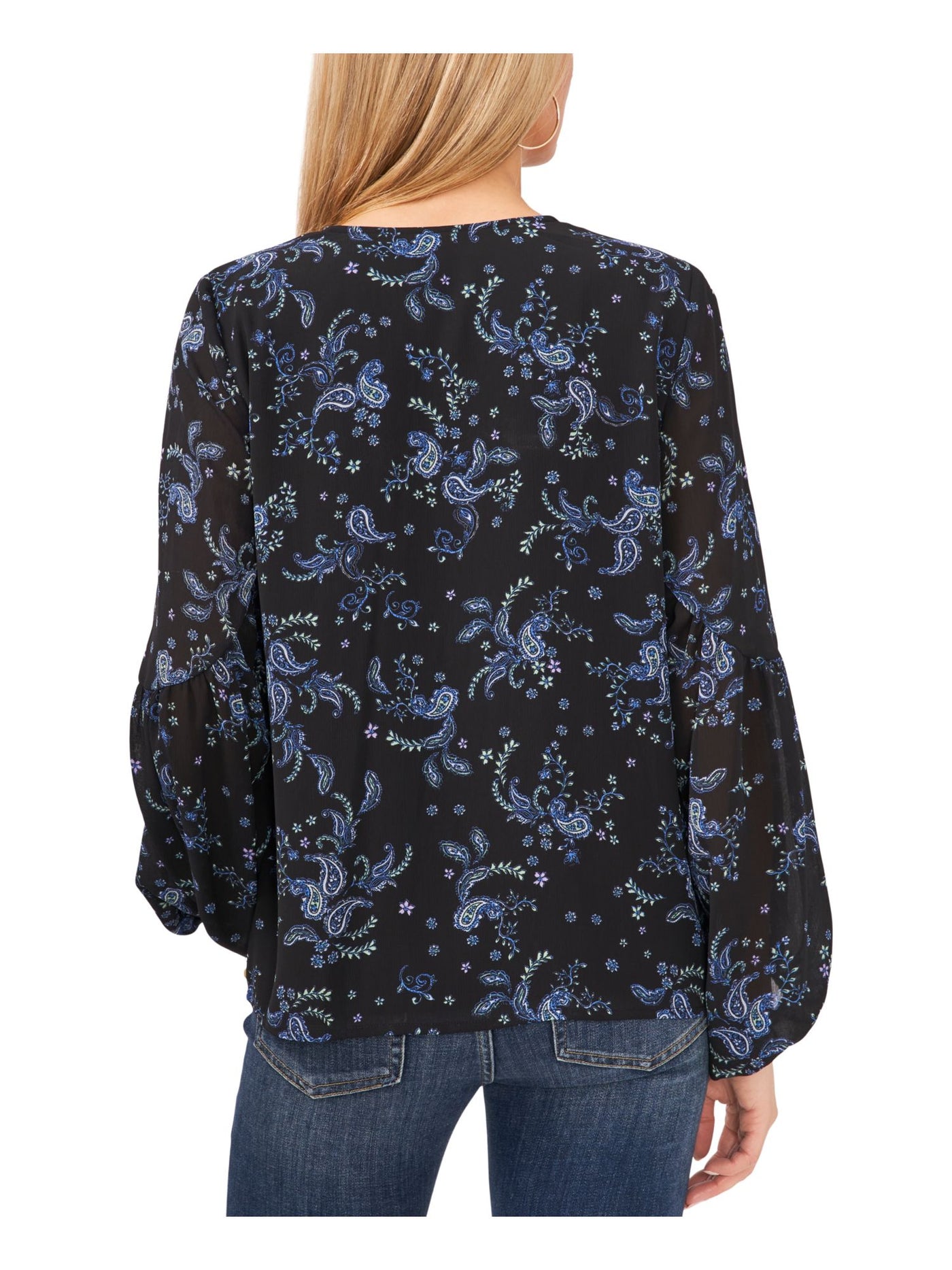 VINCE CAMUTO Womens Black Lined Sheer Paisley Balloon Sleeve V Neck Top XS