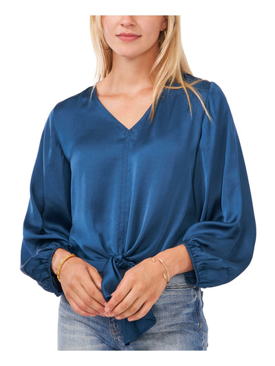 VINCE CAMUTO Womens Blue Tie Elastic Cuffs Center Seam Long Sleeve V Neck Blouse XS
