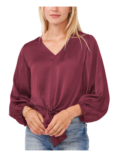 VINCE CAMUTO Womens Burgundy Tie Elastic Cuffs Center Seam Long Sleeve V Neck Blouse S