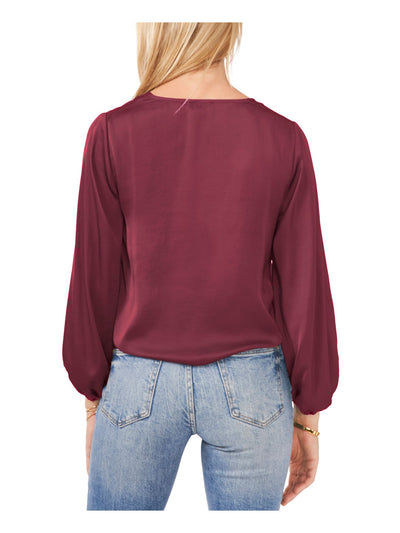 VINCE CAMUTO Womens Burgundy Tie Elastic Cuffs Center Seam Long Sleeve V Neck Blouse XS