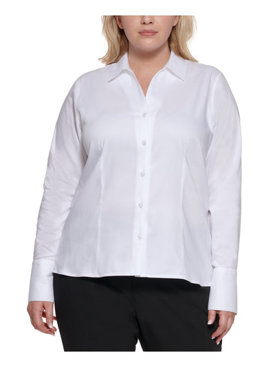 CALVIN KLEIN Womens White Fitted Cuffed Sleeve Point Collar Wear To Work Button Up Top Plus 24W