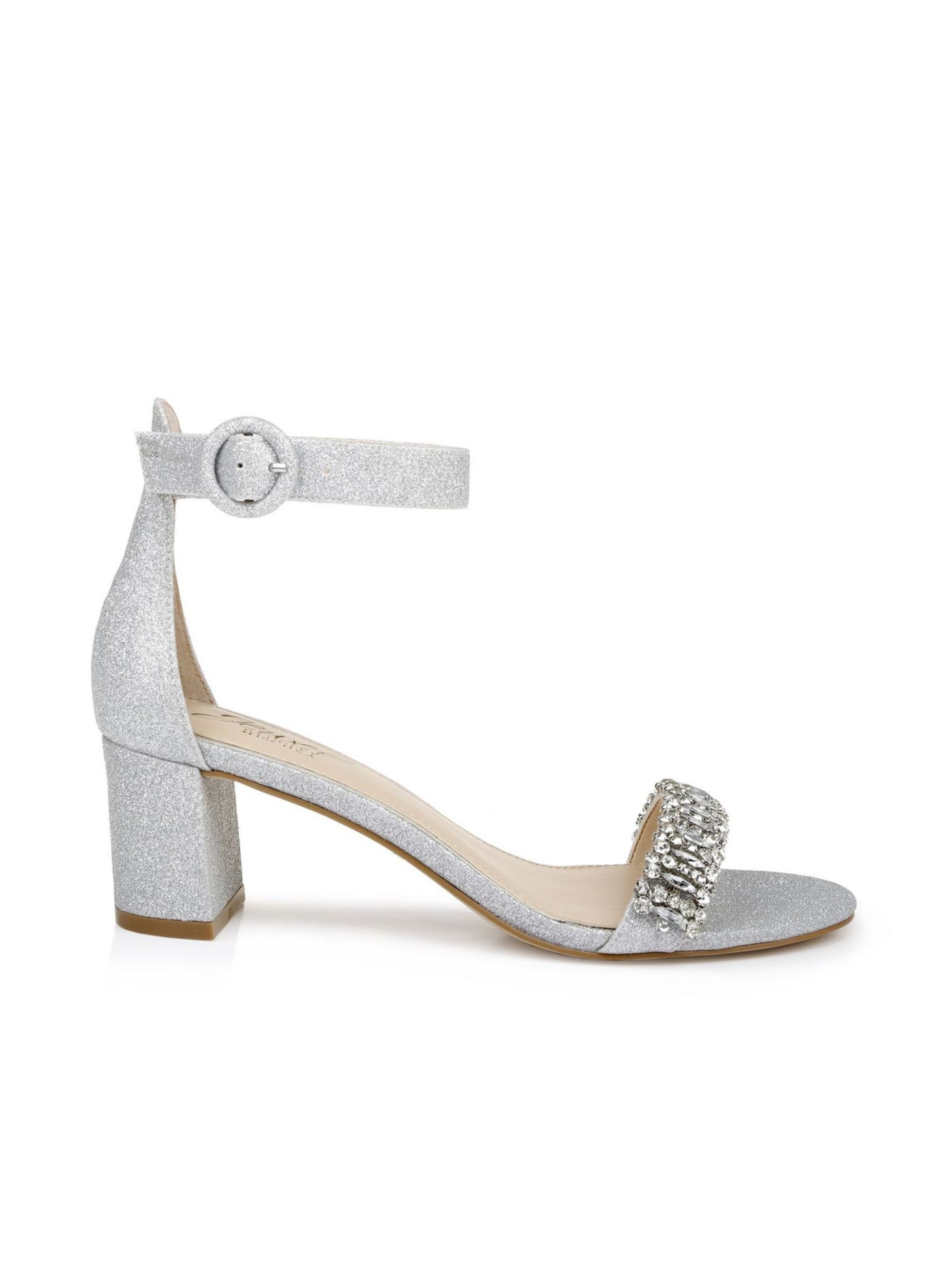 JEWEL BADGLEY MISCHKA Womens Silver Silver Glitter Rhinestone Embellished Strap Padded Adjustable Ankle Strap James Open Toe Block Heel Buckle Dress Heeled Sandal 8