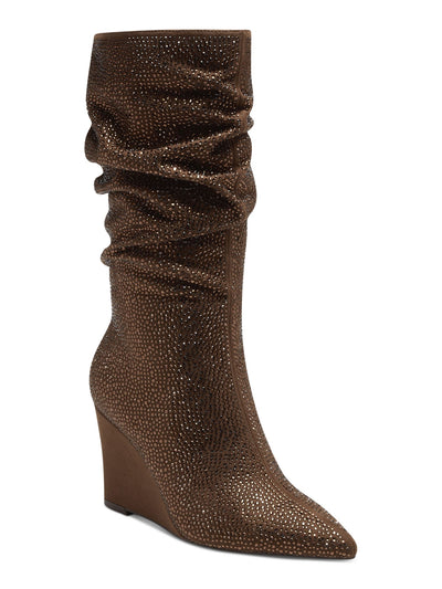 INC Womens Brown Cushioned Rhinestone Florelle Pointed Toe Wedge Zip-Up Dress Slouch Boot 6 M