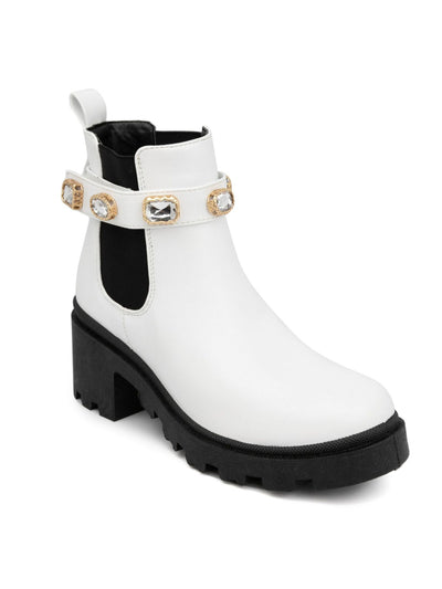 SUGAR Womens White Color Block 1" Platform Cushioned Back Pull Tab Adjustable Strap Goring Favorite Round Toe Block Heel Booties 7.5 M
