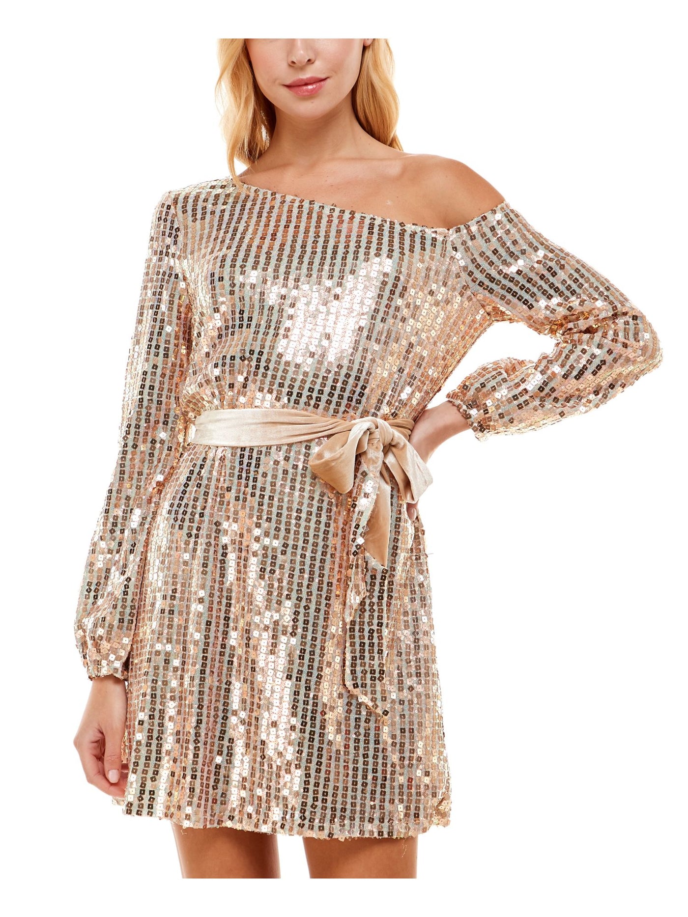 TRIXXI Womens Beige Sequined Tie Long Sleeve Asymmetrical Neckline Short Party Shift Dress 11