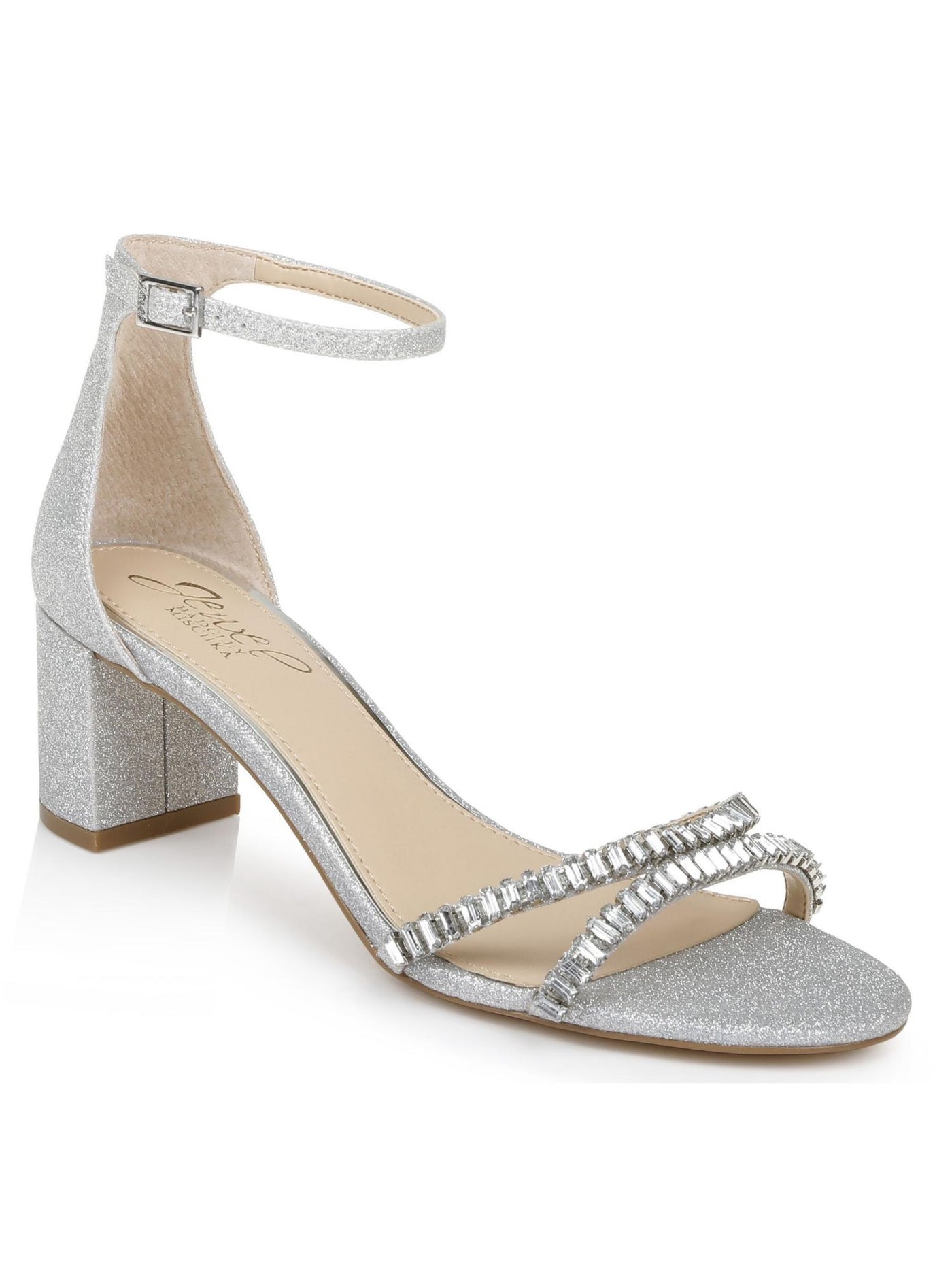 JEWEL BADGLEY MISCHKA Womens Silver Glitter Padded Ankle Strap Embellished Joanne Open Toe Block Heel Buckle Dress Heeled Sandal 8 M