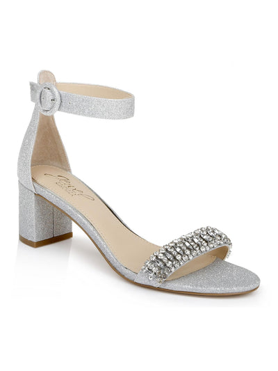 JEWEL BADGLEY MISCHKA Womens Silver Silver Glitter Rhinestone Embellished Strap Padded Adjustable Ankle Strap James Open Toe Block Heel Buckle Dress Heeled Sandal 8