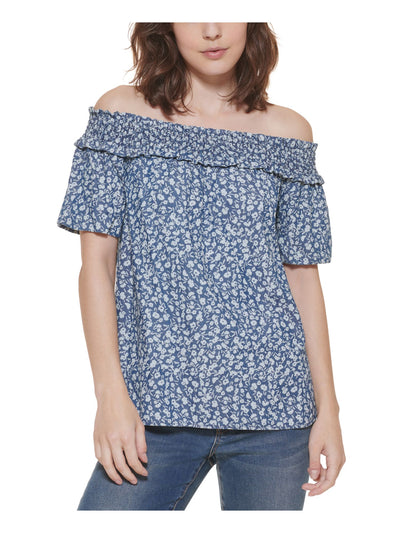 TOMMY HILFIGER Womens Blue Smocked Curved Hem Floral Short Sleeve Off Shoulder Top XS