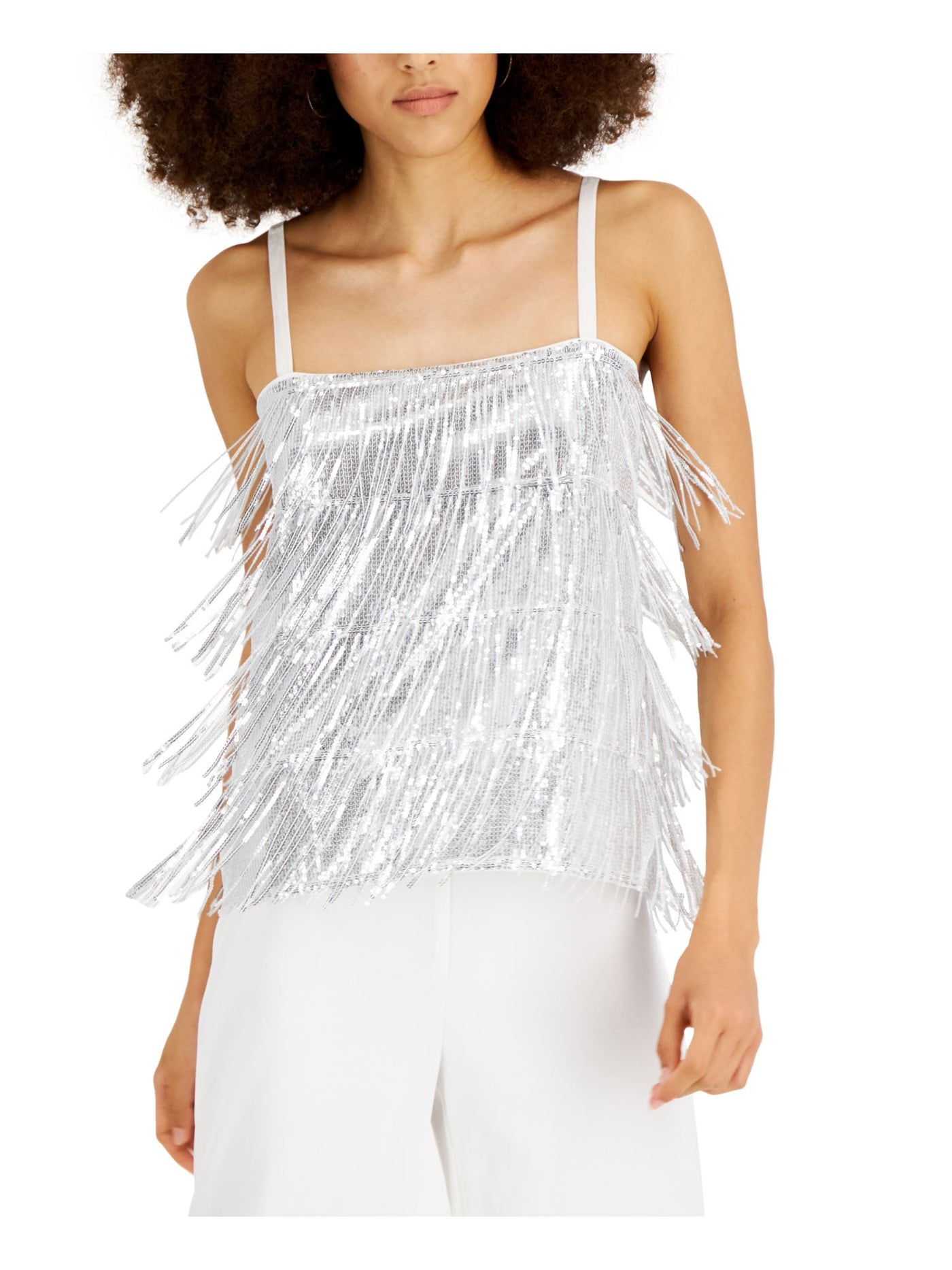 INC Womens Silver Sequined Fringed Tiered Metallic Lined Spaghetti Strap Square Neck Evening Cami Top XS