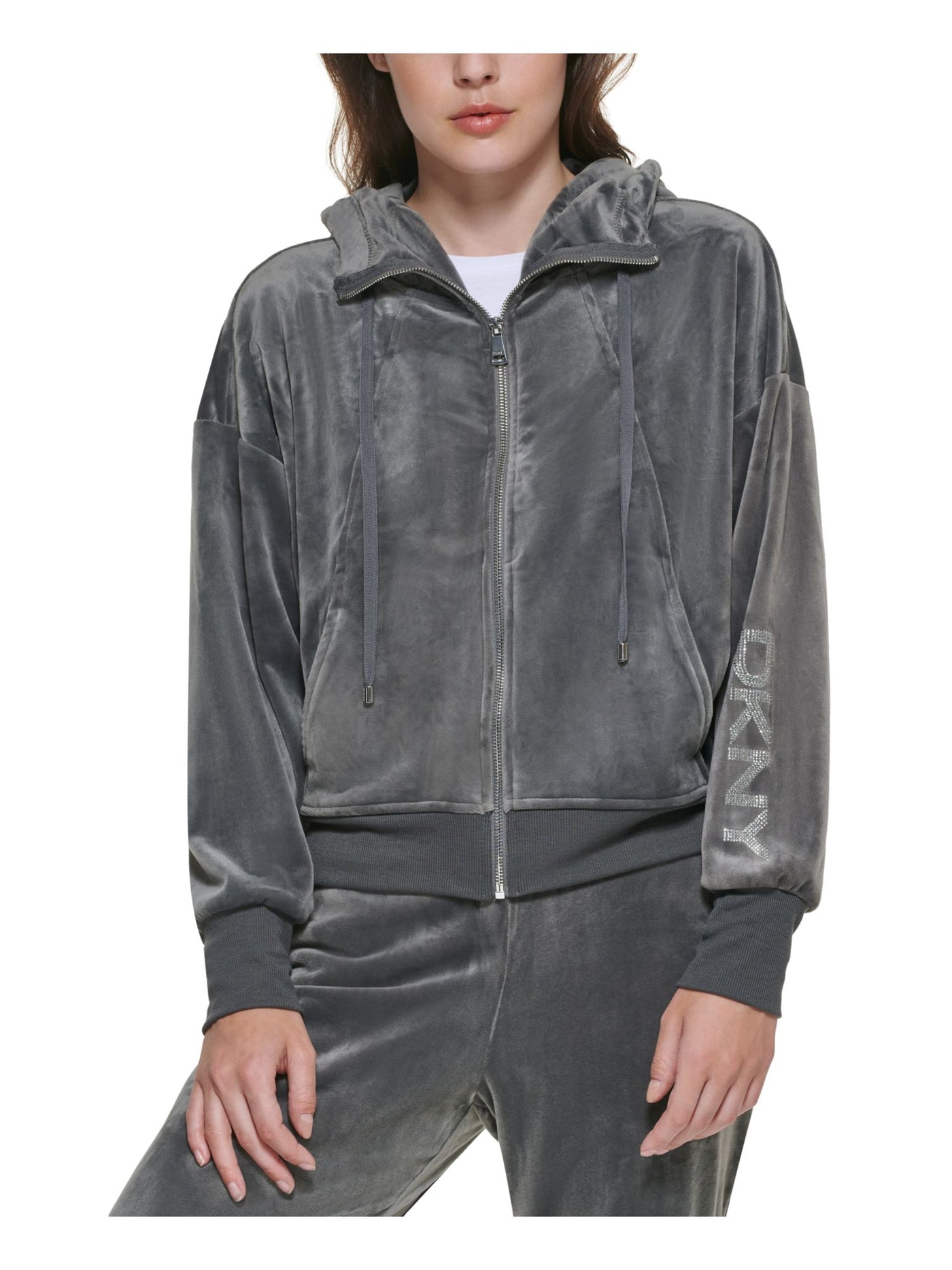 DKNY Womens Gray Stretch Pocketed Zippered Embellished Logo Drawstring Hood Track Jacket Jacket XL