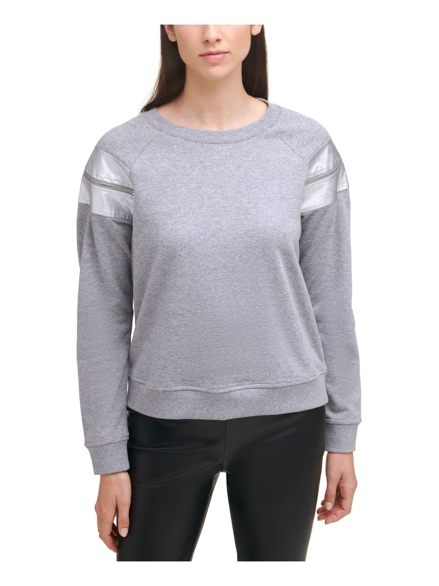 DKNY Womens Gray Zippered Metallic Crewneck Sweatshirt S