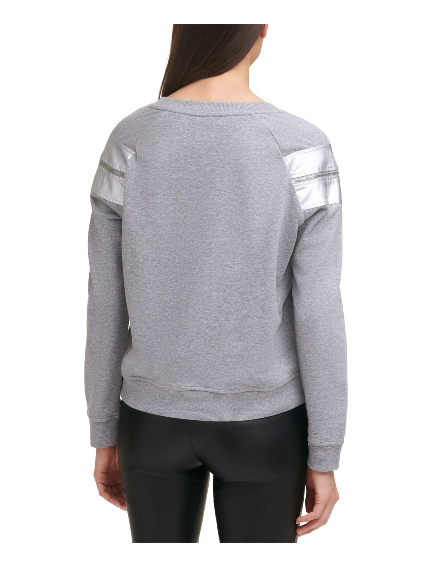 DKNY Womens Gray Zippered Metallic Crewneck Sweatshirt S