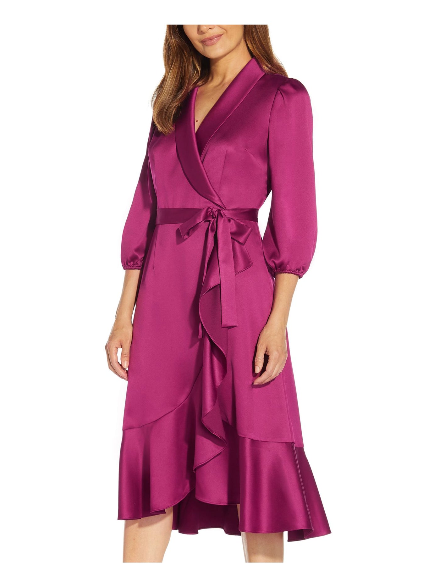 ADRIANNA PAPELL Womens Purple Ruffled Zippered Tie Waist Lined 3/4 Sleeve Shawl Collar Below The Knee Wear To Work Faux Wrap Dress 12