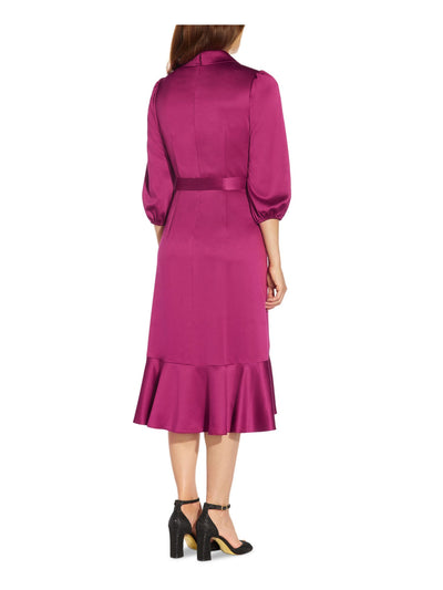 ADRIANNA PAPELL Womens Purple Ruffled Zippered Tie Waist Lined 3/4 Sleeve Shawl Collar Below The Knee Wear To Work Faux Wrap Dress 12