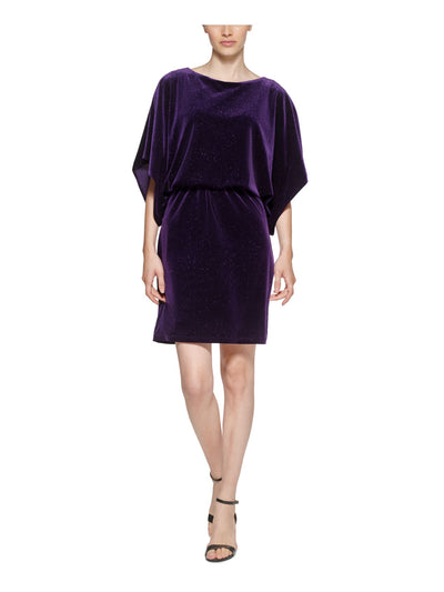 JESSICA HOWARD Womens Purple Glitter Ruched Dolman Sleeve Boat Neck Above The Knee Party Blouson Dress Petites 14P