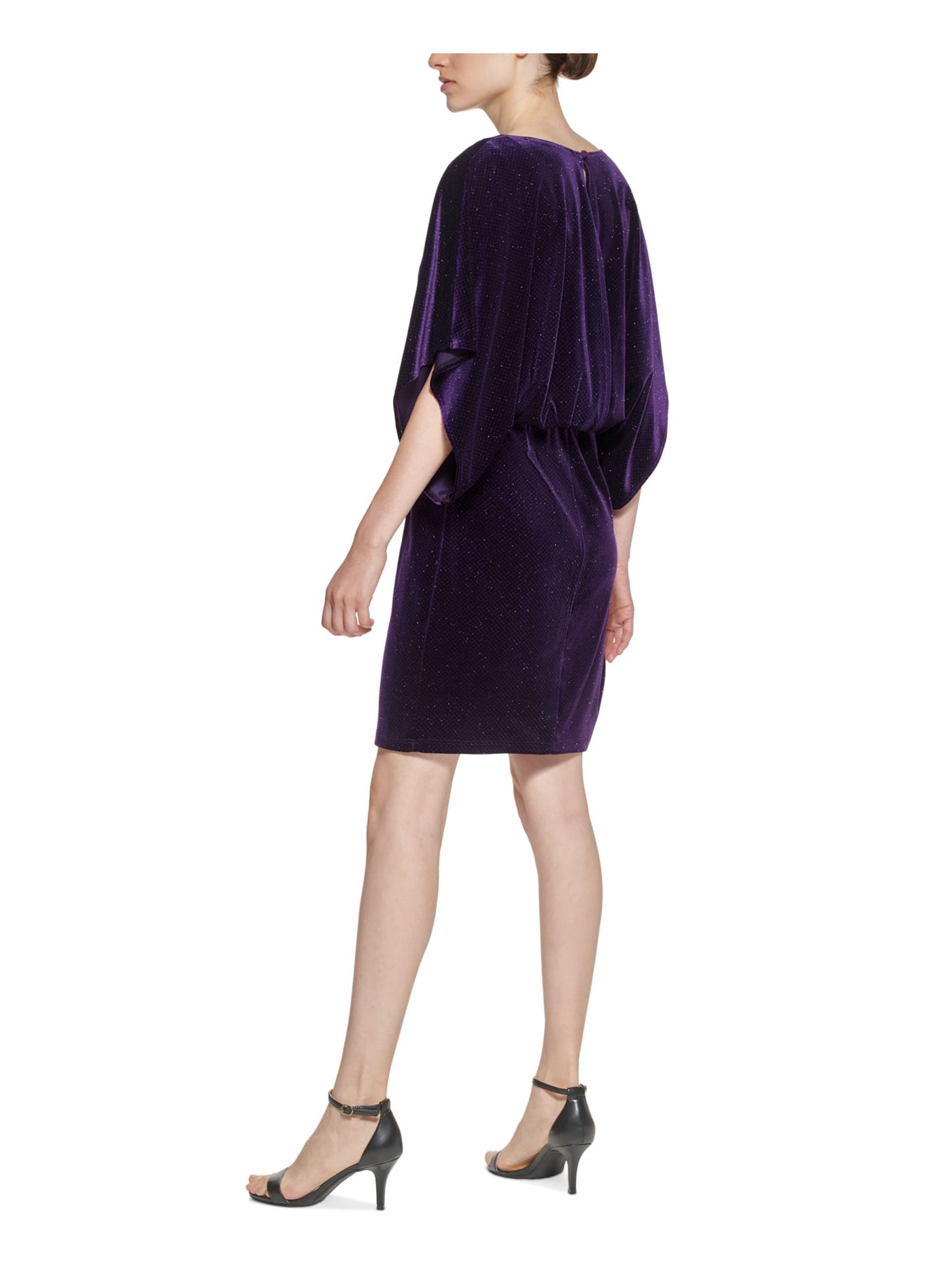 JESSICA HOWARD Womens Purple Glitter Ruched Dolman Sleeve Boat Neck Above The Knee Party Blouson Dress Petites 14P