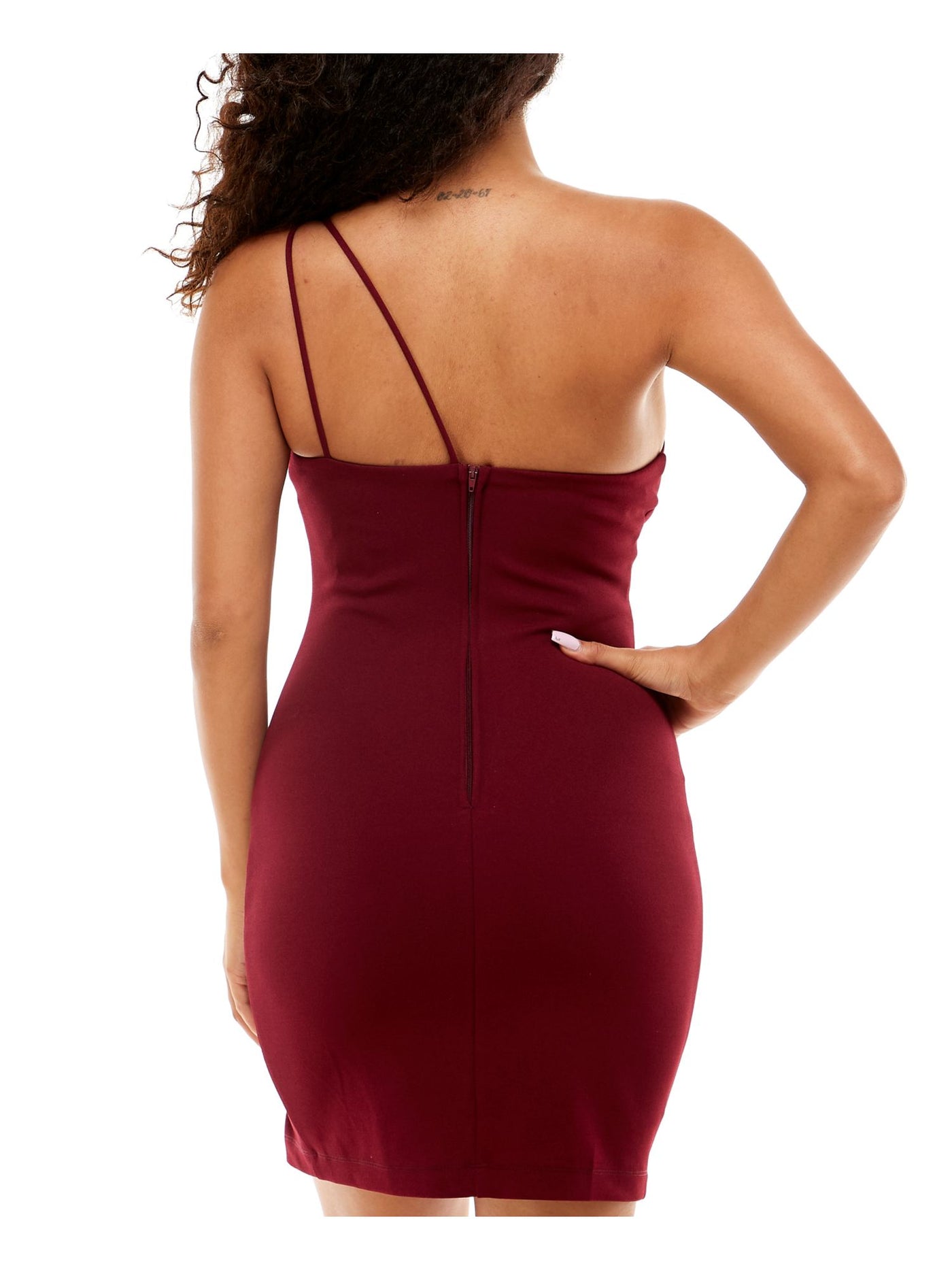 B DARLIN Womens Burgundy Stretch Slitted Zippered Scuba Crepe Sleeveless Asymmetrical Neckline Short Party Body Con Dress 11\12